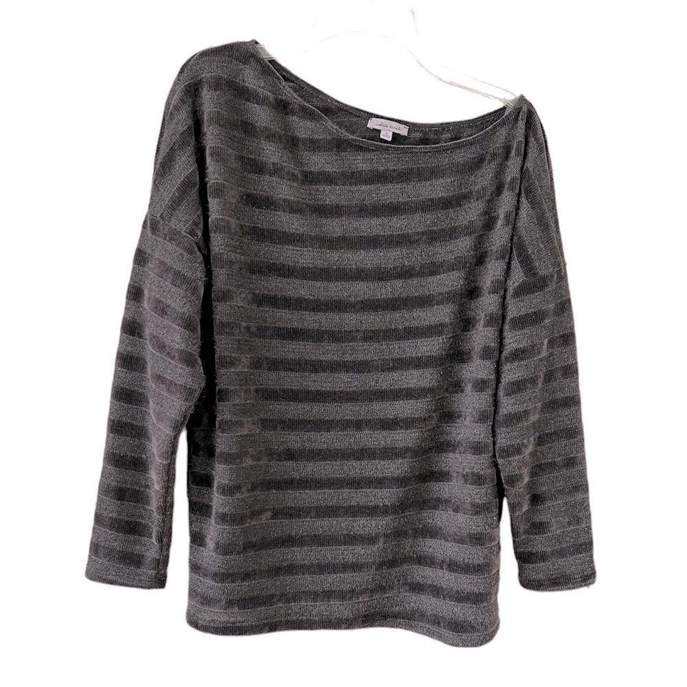 White Birch Gray Striped Sweater Off One Shoulder Size Small